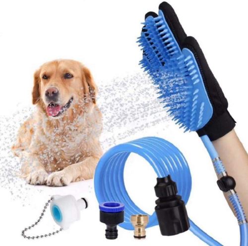 Gants de douche pulvérisateur 2 en 1 - Brosse de massage pour chien, avec tuyau et un gant de massage