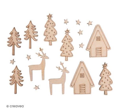 Miniatures en bois - Village d'hiver - 0,6 à 4 cm - 18 pcs