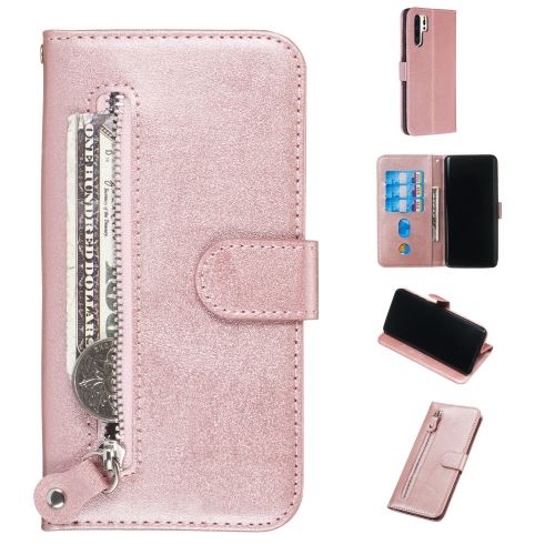 Etui en PU poche à fermeture éclair avec support or rose pour votre Huawei P30 Pro