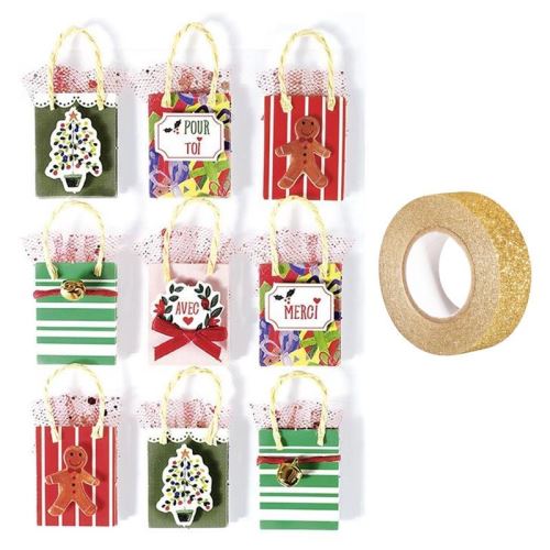 9 stickers 3D de Noël Sac cadeau + masking tape doré à paillettes 5 m