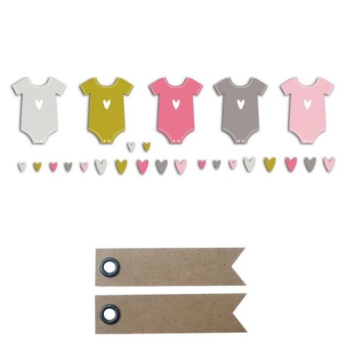 20 formes découpées body rose-vert-gris + 20 étiquettes kraft Fanion