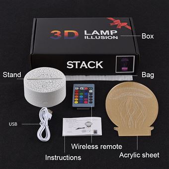 Socle lumineux 3D LED,Base de lampe de rechange ou à monter  soi-même,Télécommande incluse,Câble USB,Lampe d'illusion 3D,7 couleurs,  chambre d'enfant