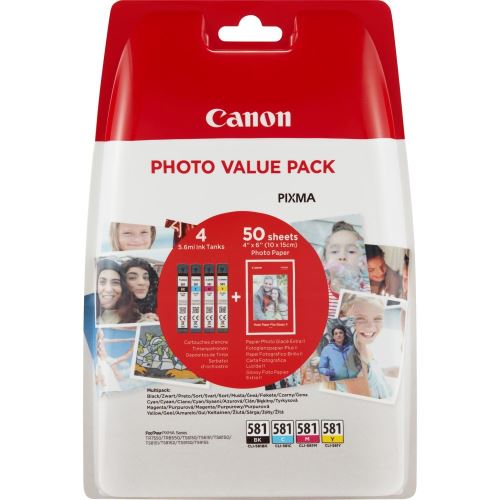 Canon CLI-581 C/M/Y/BK Photo Value Pack - Pack de 4 - 5.6 ml - noir, jaune, cyan, magenta - original - réservoir d'encre/kit papiers - pour PIXMA TS6251, TS6350, TS6351, TS705, TS8252, TS8350, TS8351, TS8352, TS9550, TS9551