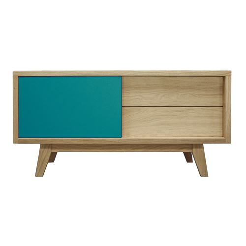 Pirotais Buffet TV chêne massif et laqué, 1 coulissant, 2 tiroirs, Made in France Bleu