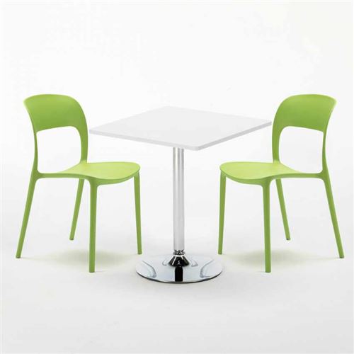 Table Carrée Blanche 70x70cm Avec 2 Chaises Colorées Set Intérieur Bar Café Restaurant Cocktail, Couleur: Vert