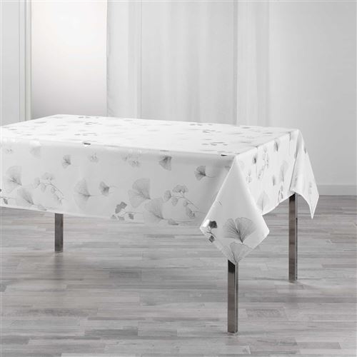 Nappe rectangle 150 x 240 cm polyester imprime metallise bloomy Blanc/argent