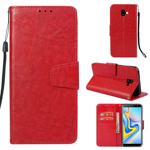 Etui en PU vieilli poli à l'huile rouge pour votre Samsung Galaxy J6 Plus/J6 Prime