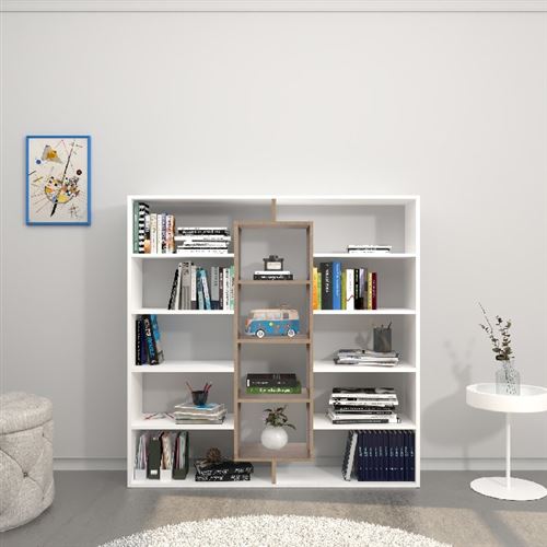 HOMEMANIA Bibliothèque Dalia - Armoire murale - avec étagères - pour le salon, le bureau, l'entrée - Blanc, Sonoma en Bois, 130 x 27 x 130 cm