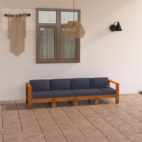 Canap&eacute; de jardin 4 places et coussins gris fonc&eacute; Acacia massif