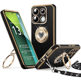 Coque pour Xiaomi Redmi Note 13 Pro 5G (pas pour 4G) Protection Slim Silicone avec Anneau Motif Cœur et Cordon - Noir - BOOLING - 1