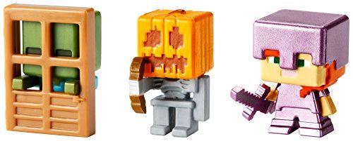 Lot de 3 figurines Mattel Minecraft, Alex avec armure enchantée, squelette avec armure de citrouille et zombie à la porte