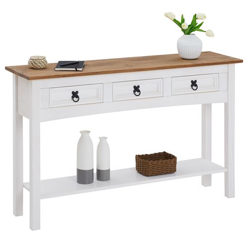 Table console CAMPO avec 3 tiroirs, style mexicain en pin massif blanc et brun