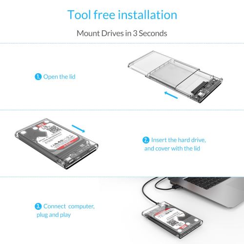 ORICO Boîtier Disque Dur 2.5'', Boîtier Externe Portable SATA vers USB 3.0  pour HDD SSD 2.5 Pouces Jusqu'à 6 to Propice à Affaires et Voyages, sans