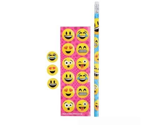 Emoji stationary sets - 1 dozen sets emoji pencils - emoji erasers - emoji stickers by happy deals