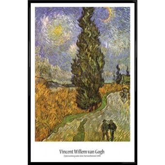 Poster Encadré Vincent Van Gogh Route Avec Cyprès Et Ciel étoilé 1890 91x61 Cm Cadre Plastique Noir