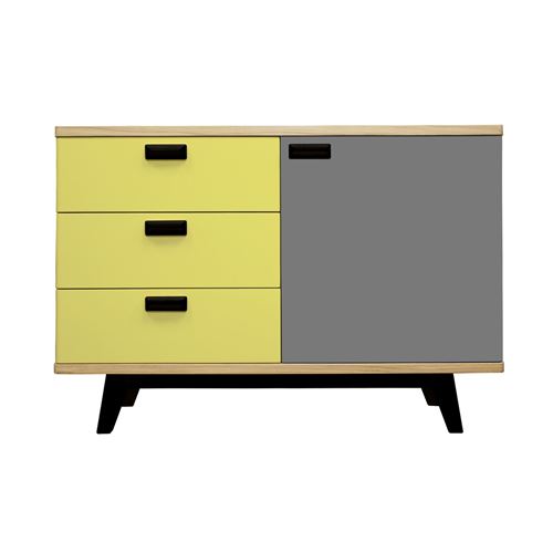 Pirotais Buffet chêne massif et laqué, 3 tiroirs, 1 porte, Made in France Jaune citron