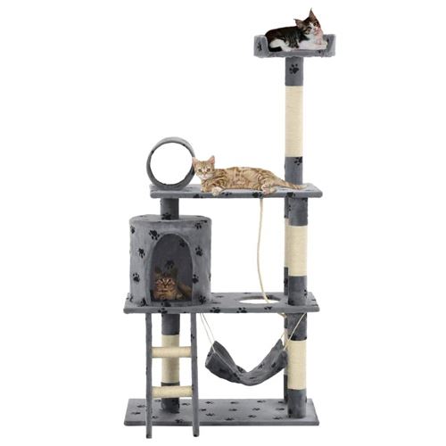 Comparer les prix de Arbre à chat griffoir grattoir niche jouet animaux peluché en sisal 140 cm gris motif de pattes