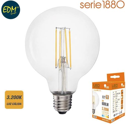 Non Communiqué Ampoule Ballon Diam Filament Led. 95Mm 6W E27 600 Lumens 3200K Lumière Chaude 220-240 50Hz Edm 98602 - Image 1