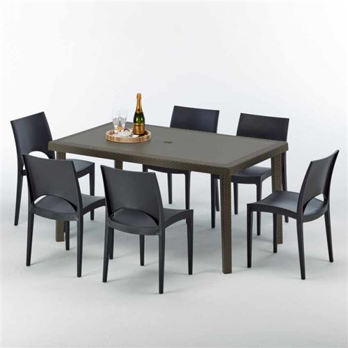 Table rectangulaire 6 chaises Poly rotin resine 150x90 marron Focus, Chaises Modèle: Paris Noir anthracite