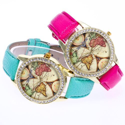 OHP Montre à bracelet Strass cuir PU analogique analogique carte du monde - Menthe verte .