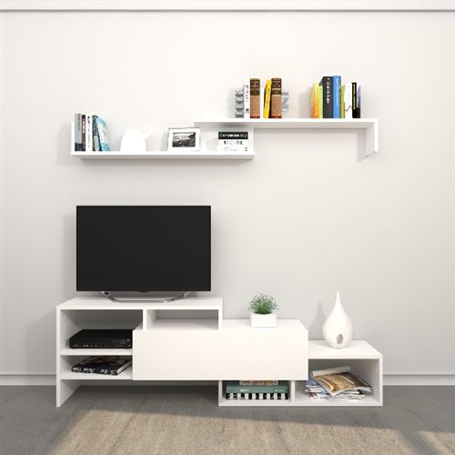 HOMEMANIA Meuble TV Fenice - avec des étagères - du salon - Blanc en Bois, 150 x 27 x 45 cm