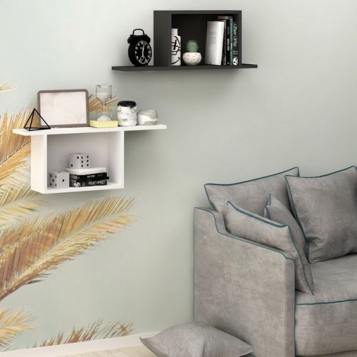 HOMEMANIA Set 2 Étagère Aksania - Tablette, étagère - pour mur - Blanc, Anthracite en Bois, 80 x 18 x 30 cm