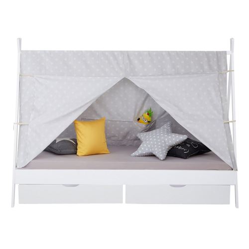 Lit Enfant Tipi 90x200 Blanc Avec Sommier Lattes Tiroir 2 Tiroirs Et Tissu De Tente Gris Toil