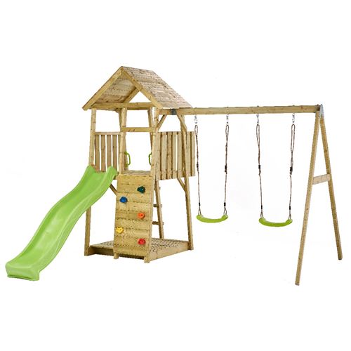 KANGUI Aire de jeux portique en bois WOODI   Double balançoire, toboggan, mur d'escalade, bac a sable, cabane, échelle