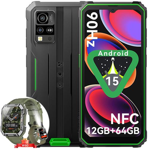 Blackview BV4800 SE Téléphone Portable Incassable,Android 15 Smartphone 12Go+64Go,6.56 HD+ 90Hz,Dual SIM 4G Vert avec Smartwatch Blackview W60