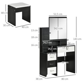 Ensemble coiffeuse tabouret design contemporain multi-rangement 4 tiroirs 4  étagères grand miroir noir blanc - Achat & prix