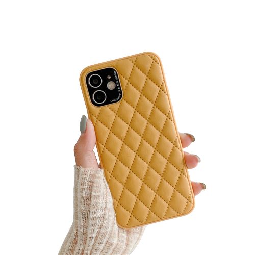 Coque en cuir souple à carreaux losanges de luxe FONGWAN pour iPhone 13-Jaune