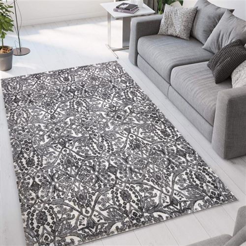 Tapis design floral gris moderne à poils courts Double GRI003, Taille: 60 x 110