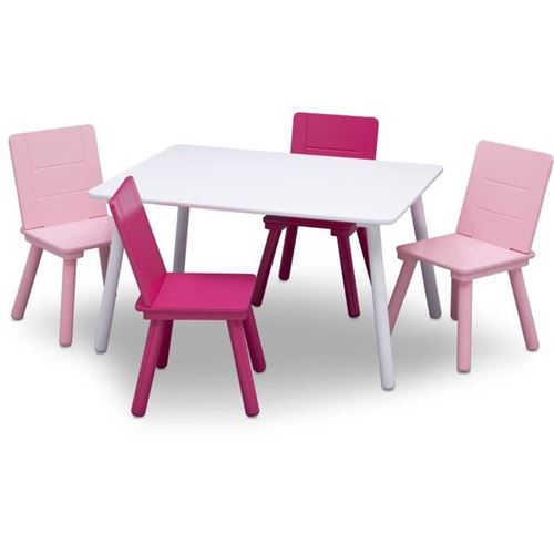 DELTA CHILDREN Table rectancgulaire blanc + 4 chaises bois rose
