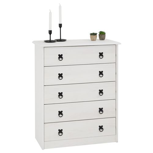 Commode en pin RESIDENCIA, 5 tiroirs en pin massif lasuré blanc
