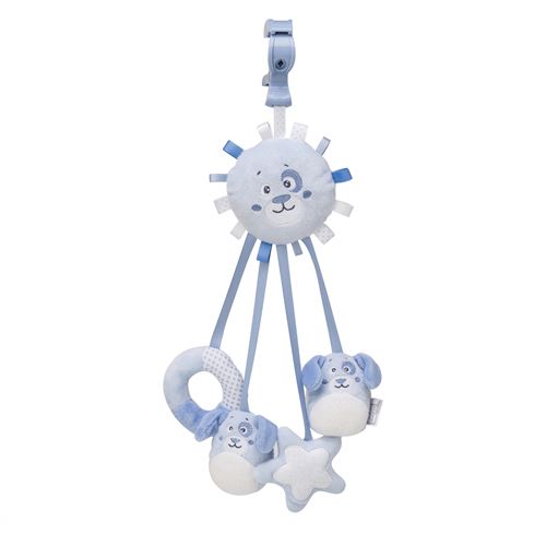 Saro figurine suspendue avec rubans et hochet chien bleu