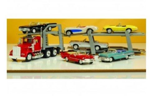 New ray - 15215 bss - véhicule miniature - modèle à léchelle - camion américain transport auto + 3 voitures vintage - echelle 1