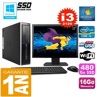 Pc hp compaq 8300 sff core i3-2120 ram 16go disque 480 go ssd wifi w7 ecran 22' - 1