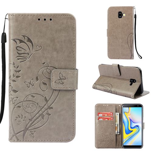 Etui en PU papillon motif fleur flip gris pour votre Samsung Galaxy J6 Plus/J6 Prime