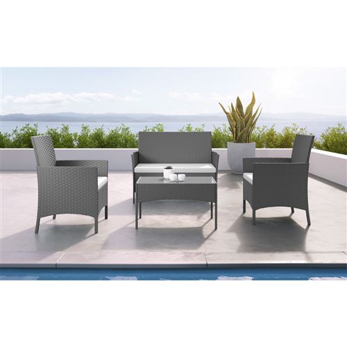 IMS Garden - IMORA - Salon de jardin résine tressée Gris/ecru - ensemble 4 places - Canapé + Fauteuil + Table