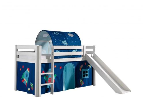 Lit toboggan 90x200 cm avec tente et tunnel astra pin massif blanc Pino