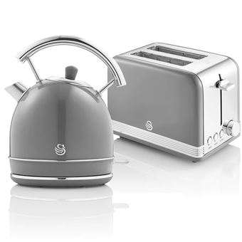 Retro Set Petit-Déjeuner Bouilloire 1,8L Sans fil, Grille-Pain 2 Larges Tranches SWAN STP7050GRNEU Gris - 1