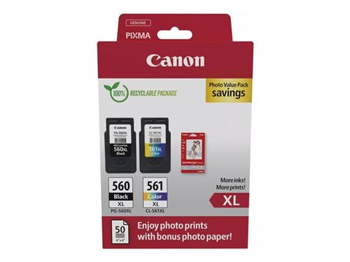 Canon PG-560XL/CL-561XL Photo Value Pack - Brillant - pack de 2 - à rendement élevé - noir, couleur (cyan, magenta, jaune) - original - boîte de suspension - jeu de papier / cartouche d'encre - pour PIXMA TS5350, TS5351, TS5352, TS5353, TS7450