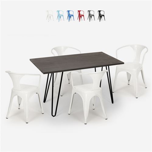 Ensemble Cuisine Restaurant Table Bois 120x160cm 4 Chaises Style Industriel Tolix Wismar, Couleur: Blanc
