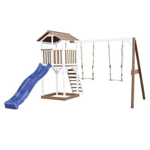 AXI Beach Tower avec Balancoire Double Marron Blanc Bleu Toboggan