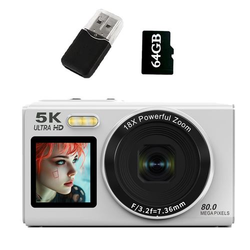 Appareil Photo Num&eacute;rique Compact 5K - Zoom 18X + 80MP + &Eacute;cran IPS 2,8"" + Carte 64GB - Blanc