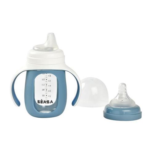 beaba, biberon verre d'apprentissage 2 en 1 210 ml + housse silicone - windy blue