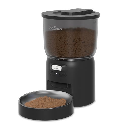 Meilleurs prix pour Balimo 3L Distributeur Croquettes Chat Automatique, avec Bol en Acier Inoxydable, 6 Repas par Jour, Noir