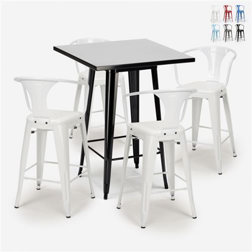 Ensemble Table Haute Noire 60x60cm 4 Tabourets Métal Tolix Bar Cuisine Bucket Black, Couleur: Blanc