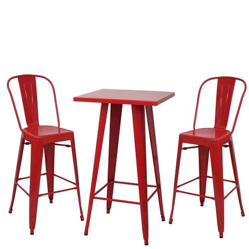 Table mange-depout et 2x tabouret de bar MENDLER HWC-A73 design industriel rouge