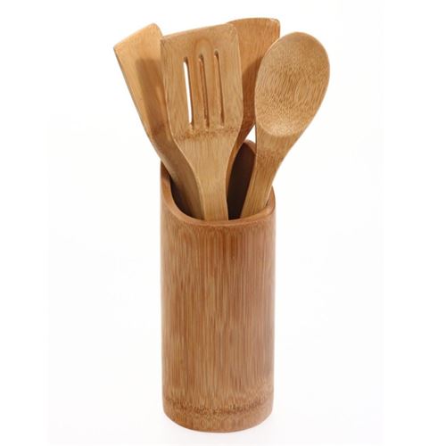 Lot de 4 ustensiles & pot de cuisine ""bambou"" naturel